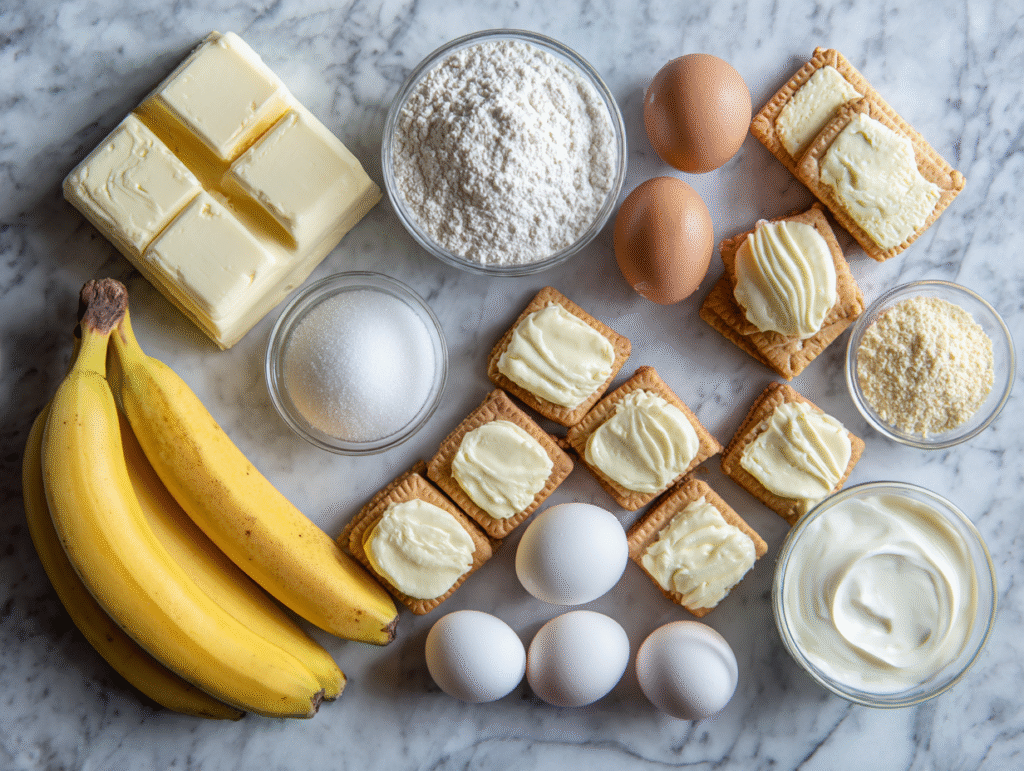 Banana Cream Cheesecake – The Ultimate Creamy Dessert You’ll Love 7 Banana cream cheesecake ingredients on countertop