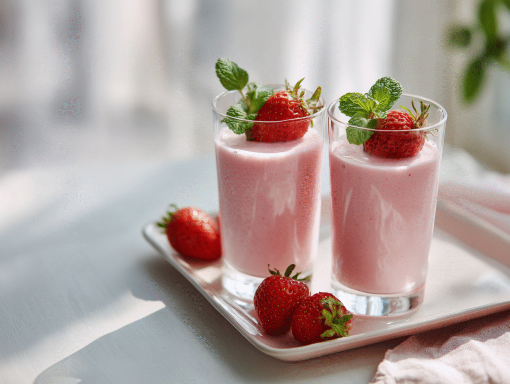 Served Korean strawberry milk with strawberries and mint