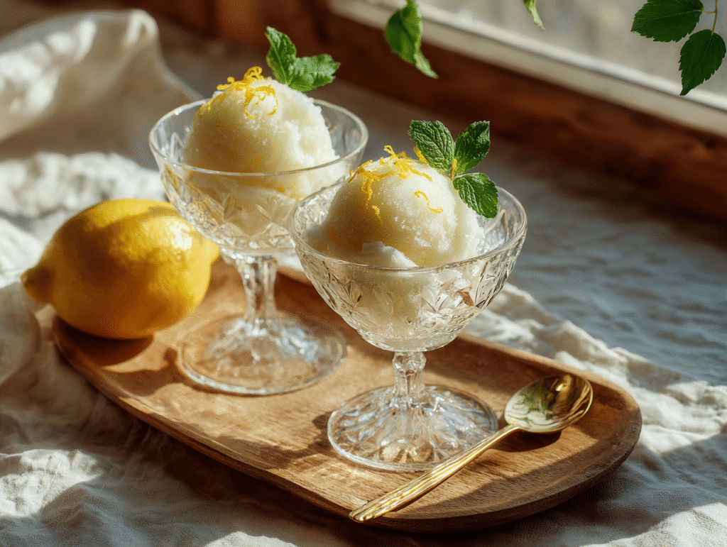 Served low carb lemon sorbet with lemon zest and mint