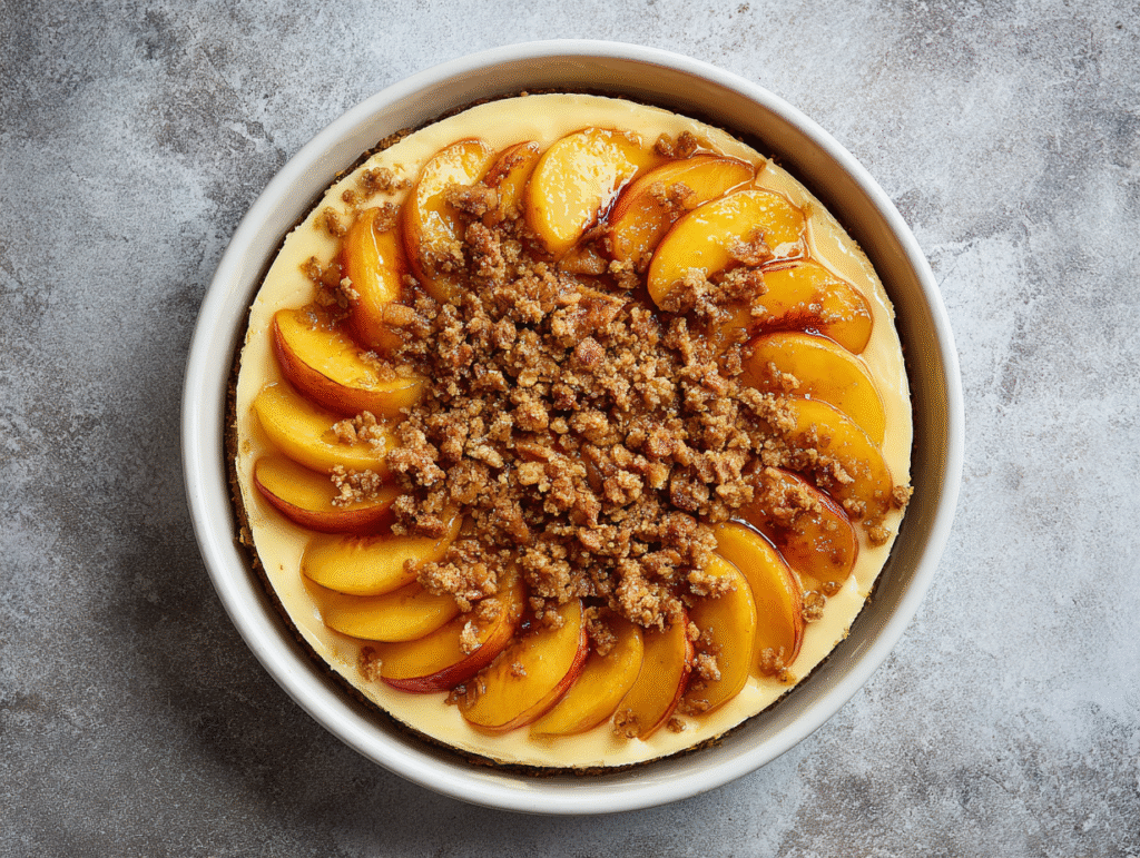 Peach Cobbler Cheesecake Bars: A Comforting Twist on Two Classics 9 layering peaches on cheesecake bars
