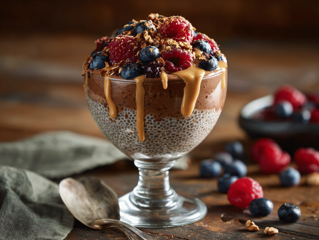High protein chia pudding topped with fruit and nut butter