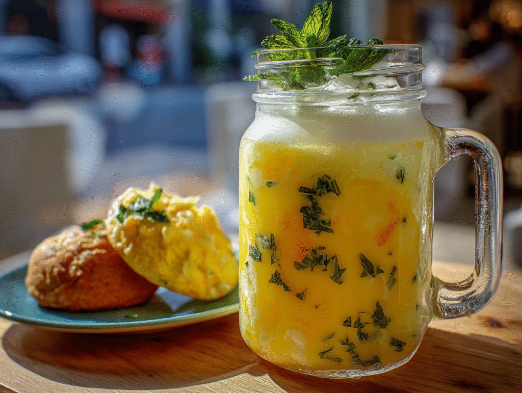 Korean mango milk drink served with cookies