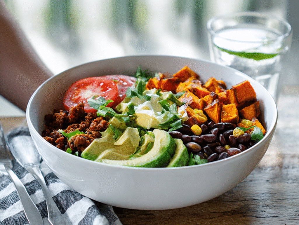 Served sweet potato taco bowl with toppings