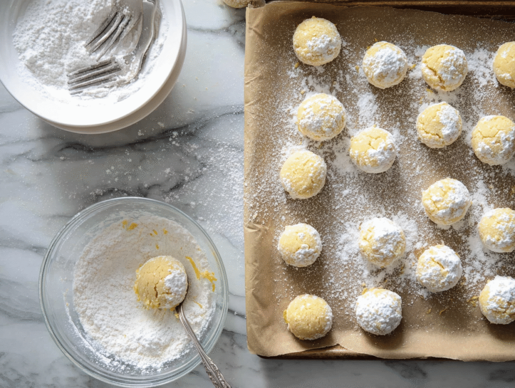 overhead view of sugar free lemon cookie prep in home kitchen