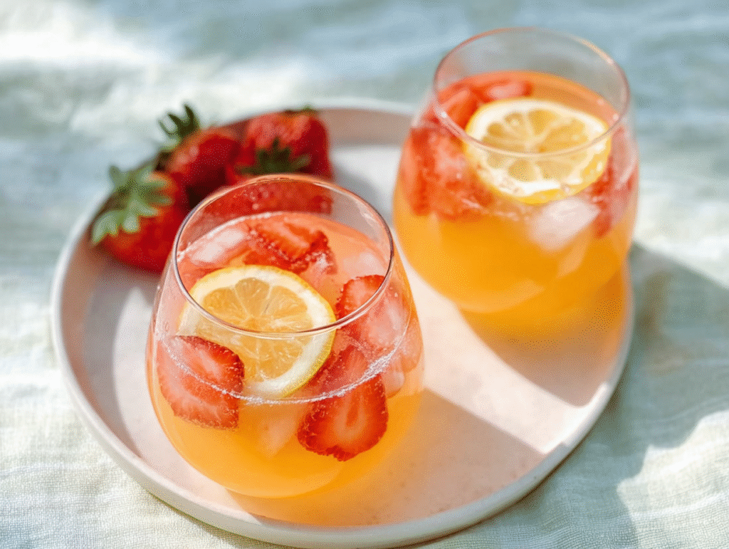 Served glasses of strawberry mango lemonade with fruit