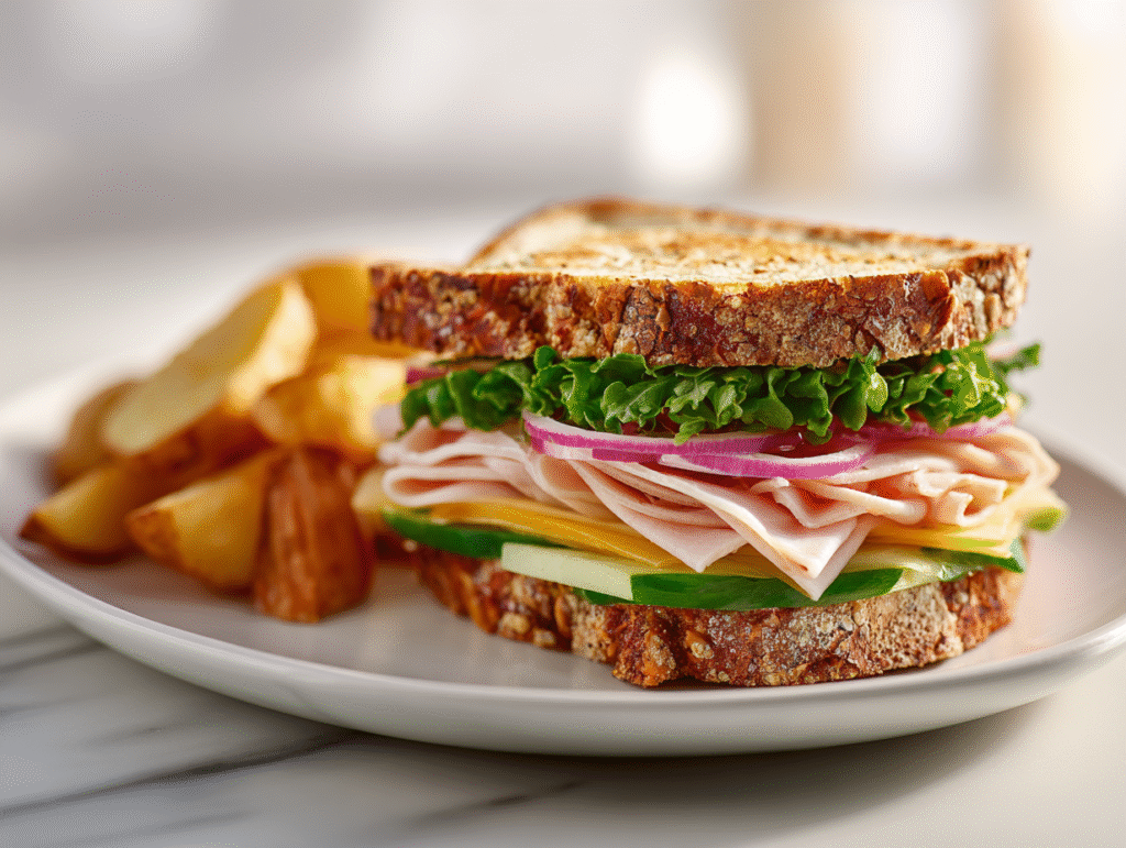 Knob sandwich with sweet potato fries and dipping sauce