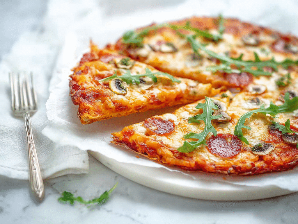serving low carb pizza on white plate