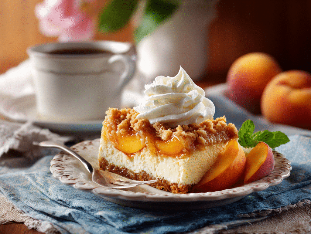 Peach Cobbler Cheesecake Bars: A Comforting Twist on Two Classics 10 sliced peach cobbler cheesecake bar served with whipped cream