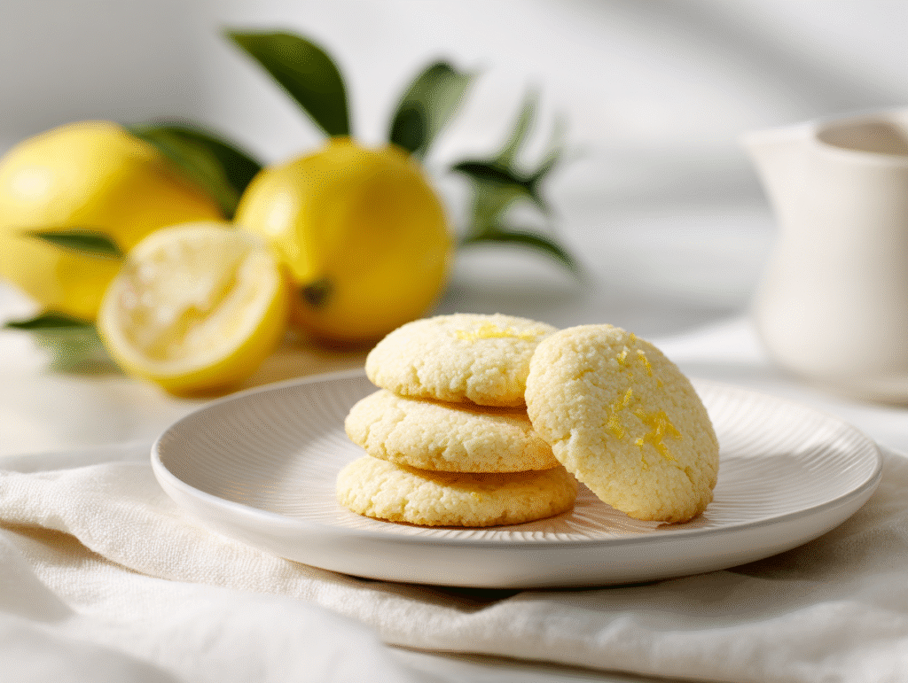 stack of sugar free lemon cookies with lemon slices on white plate