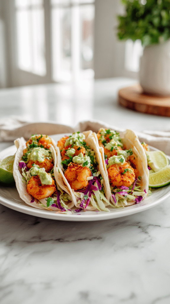 Air fryer shrimp tacos with slaw