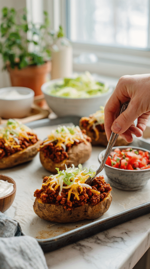 Assembling taco potatoes with beef, cheese, and toppings