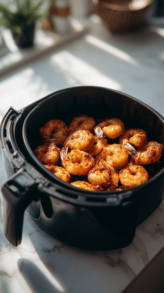 Cooked shrimp in air fryer basket