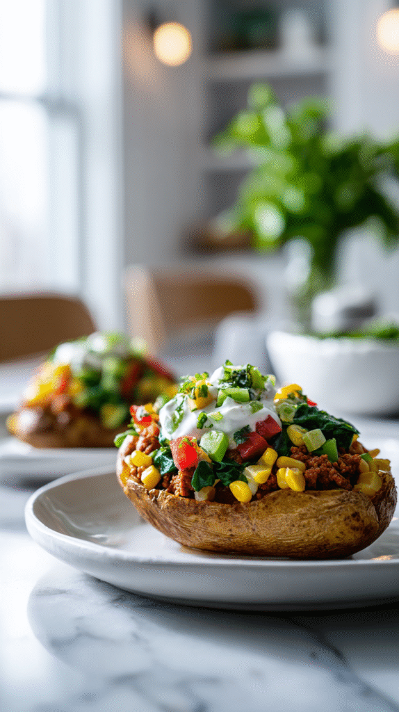 Healthy taco potatoes with lighter toppings