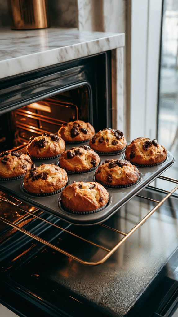 Keto chocolate muffins with coconut flour baking in oven