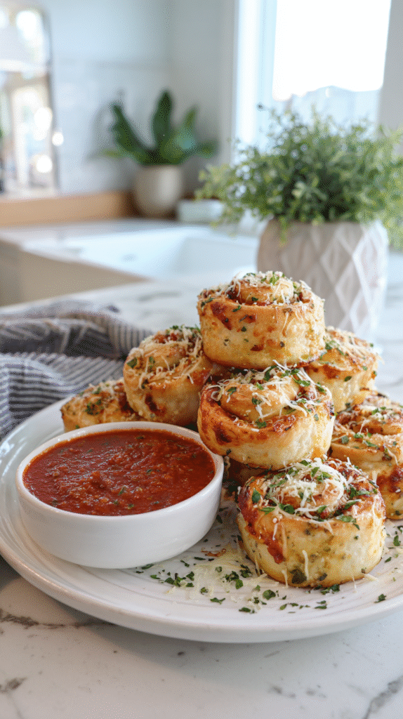 Low-cal pizza rolls served with marinara dip