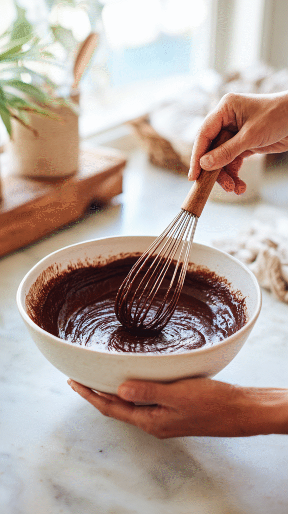 Mixing keto chocolate muffin batter with coconut flour