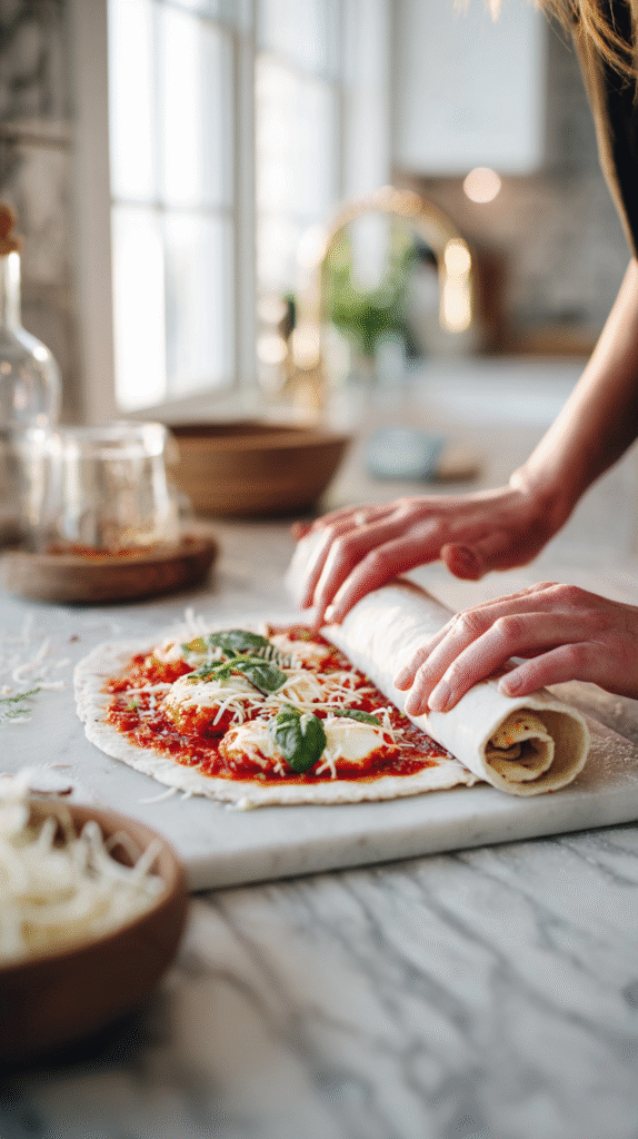 Preparing low-cal pizza rolls before baking