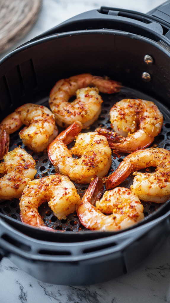 Seasoned shrimp in air fryer basket
