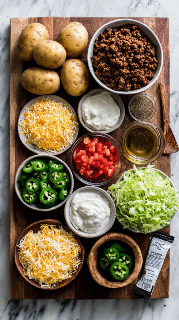 Taco Potatoes recipe ingredients on kitchen counter