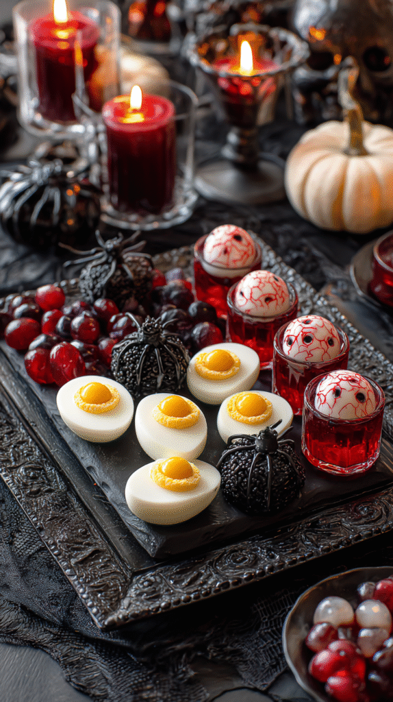 Serving creepy deviled eggs at Halloween party