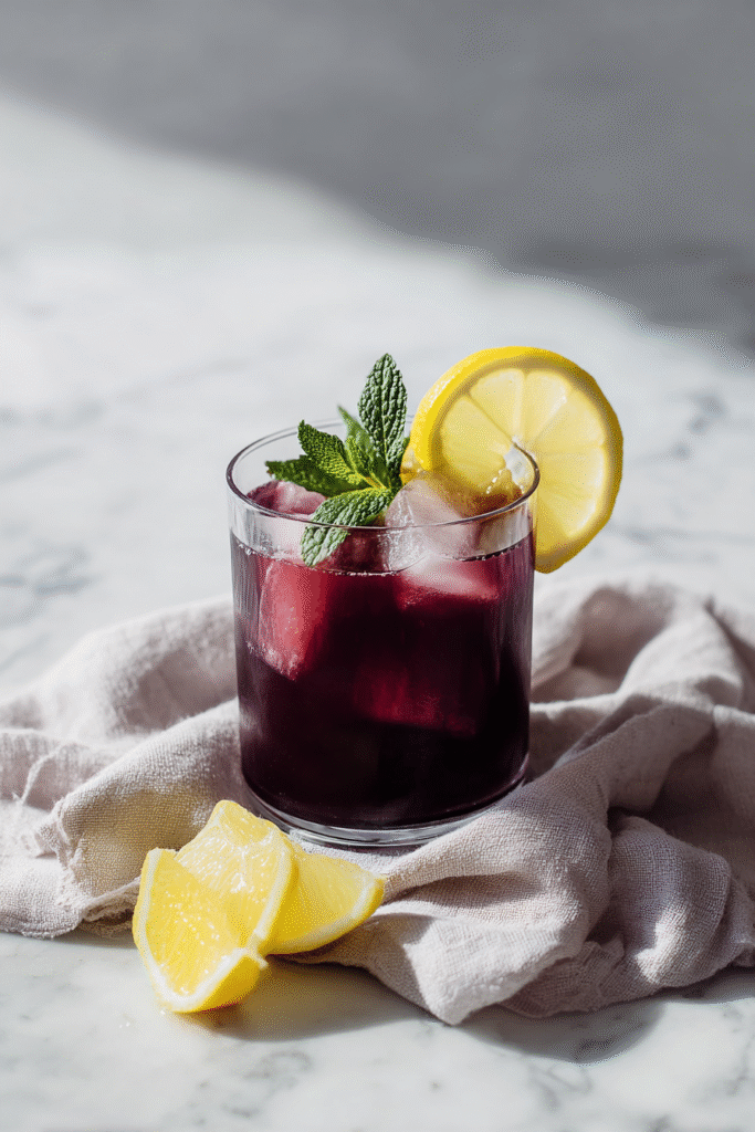 Chilled Purple Peel Exploit drink with lemon and mint on white marble