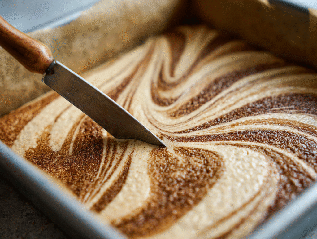 Cinnamon swirl in almond flour batter for low carb cake