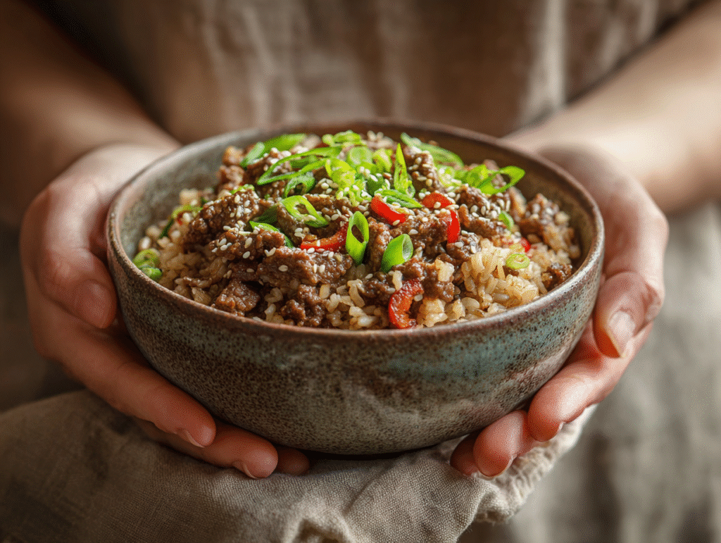 Beef and pepper rice bowl served in hands