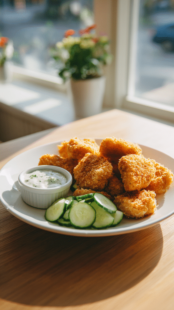 Crispy keto chicken nuggets served with cucumber salad