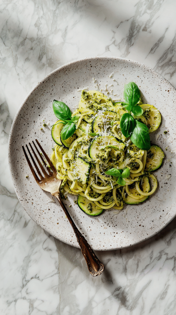 Zucchini noodles served with pesto and parmesan
