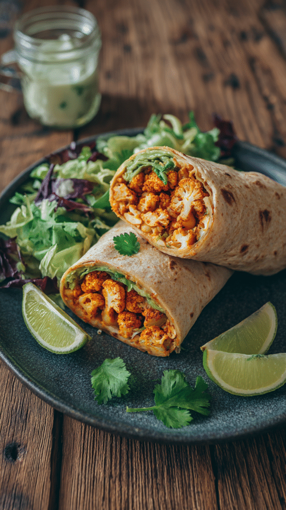 plated spicy chili lime chickpea cauliflower wraps with salad