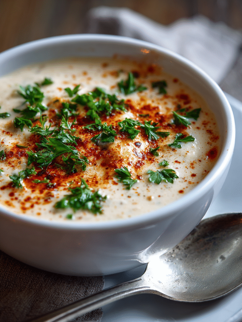 creamy keto soup served with parsley garnish