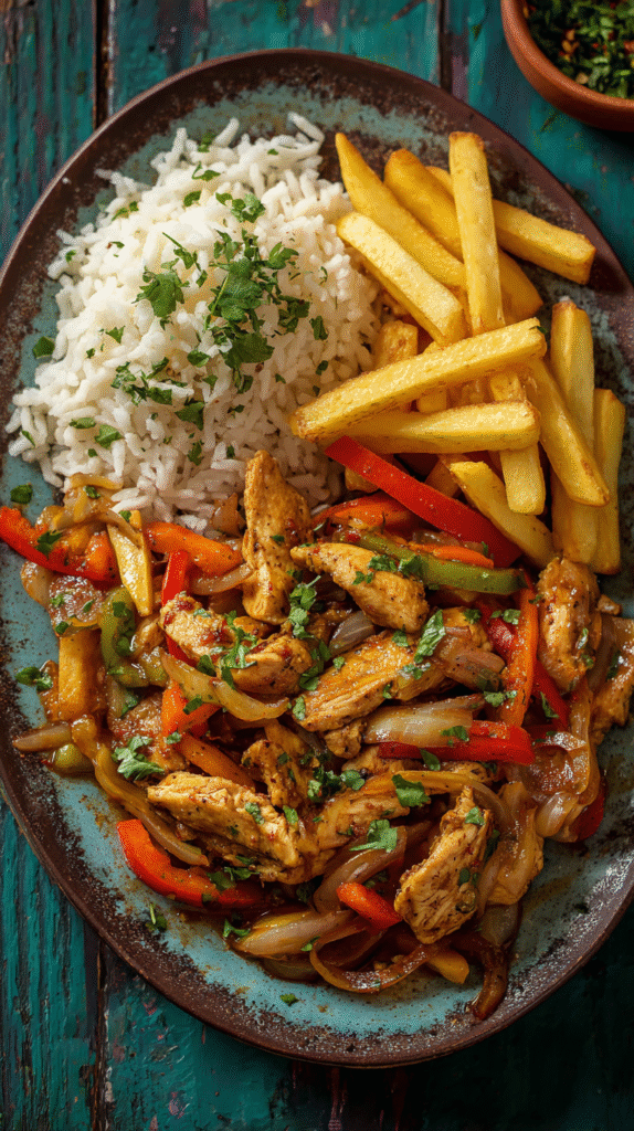 Pollo Saltado Served with Rice and Fries