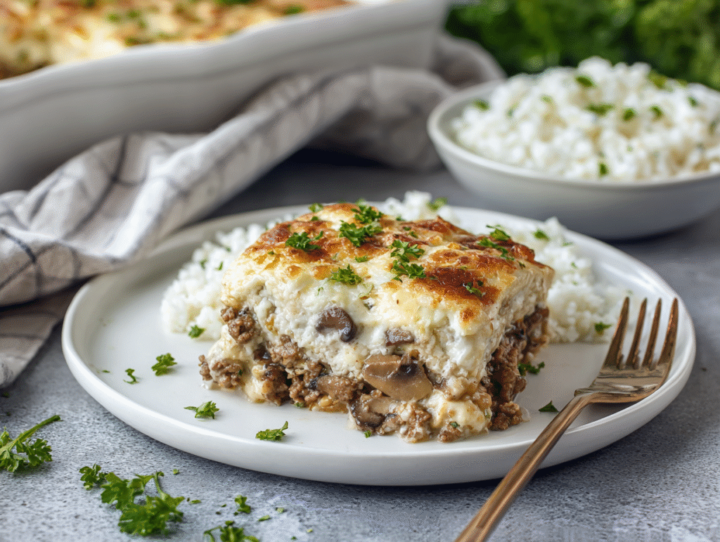 Served cheesy Philly cheesesteak casserole with cauliflower rice