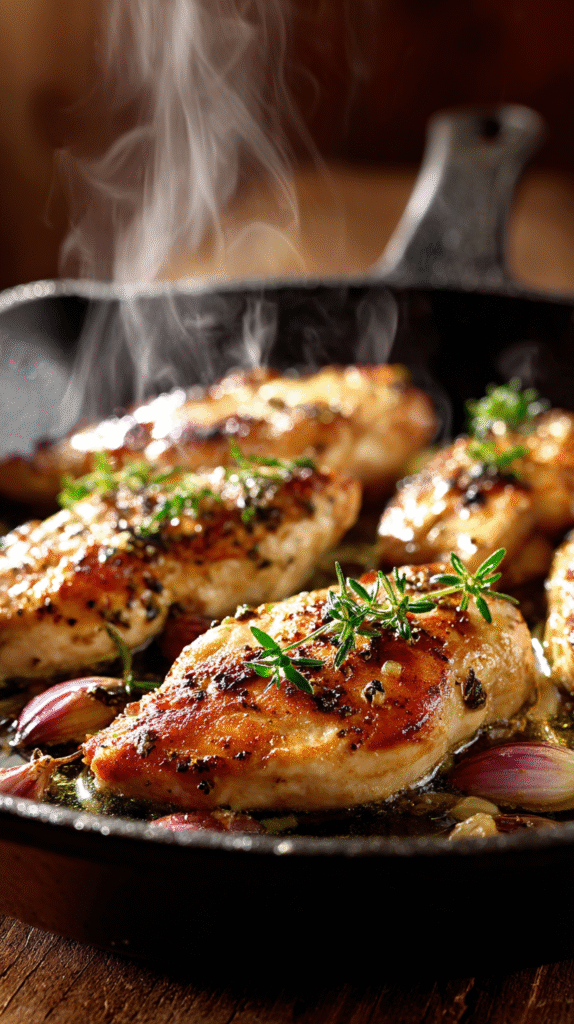 Chicken breasts searing in skillet with garlic and onion