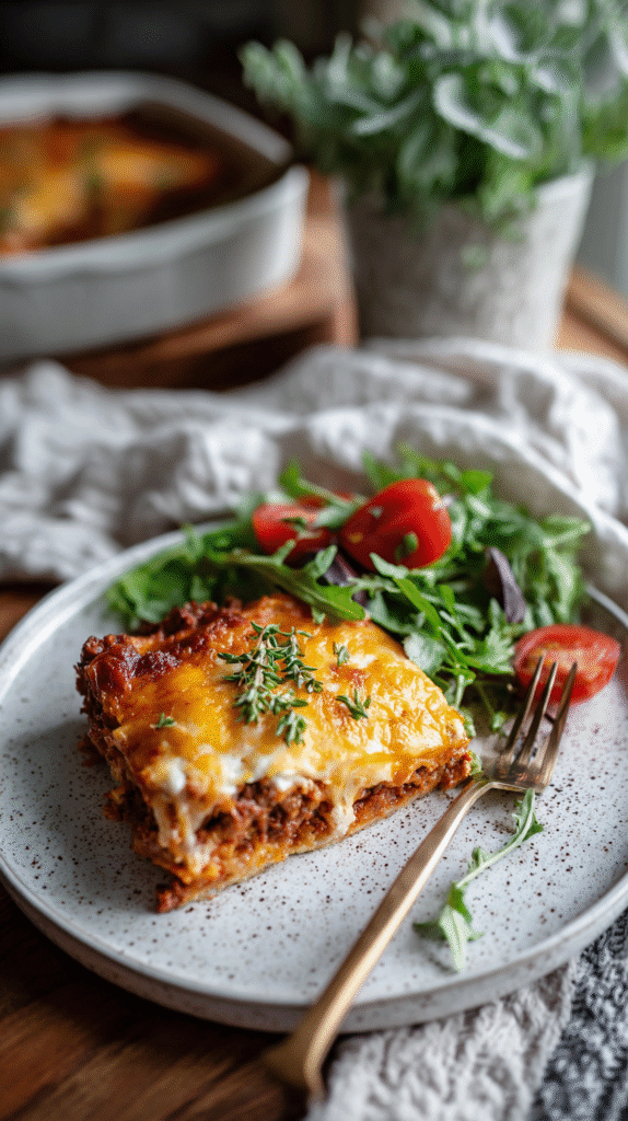 serving keto pizza casserole with salad