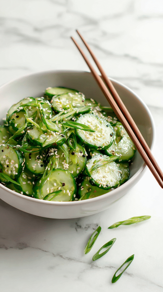 Viral cucumber salad served in a white ceramic bowl