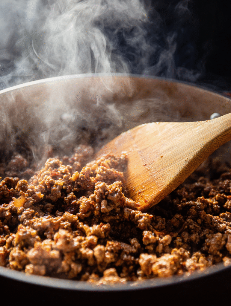 Browning meat for homemade lasagna soup in a Dutch oven