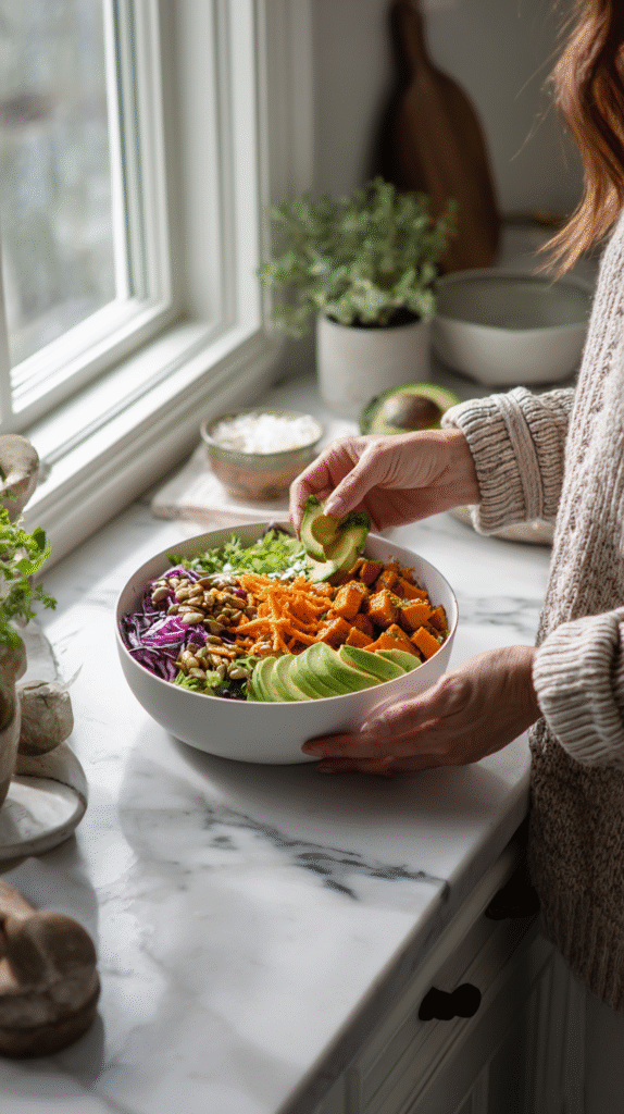 Assembling sweet potato taco bowl with toppings