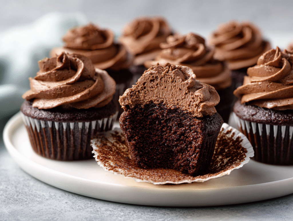 Chocolate keto cupcakes ready to serve on a white platter