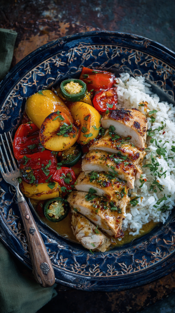Jalapeno Peach Chicken served with rice and veggies
