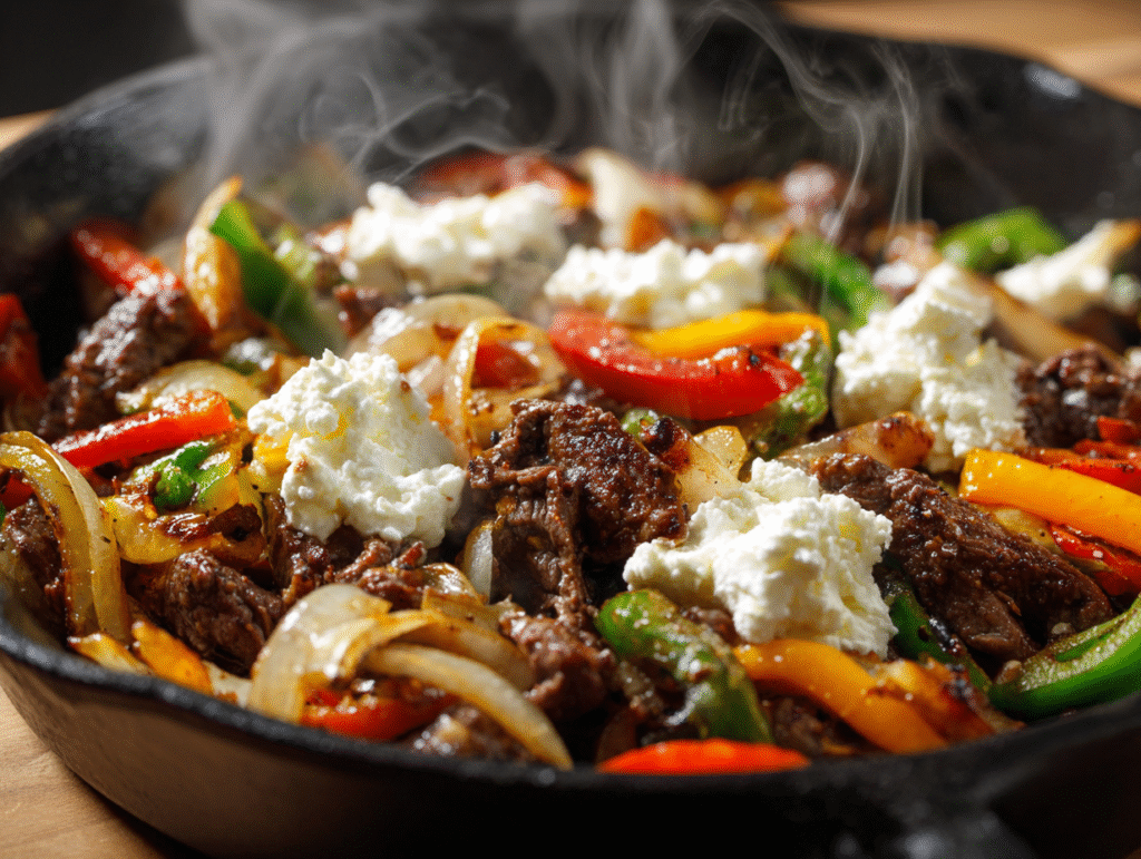 Beef and peppers cooking in skillet for Philly cheesesteak casserole