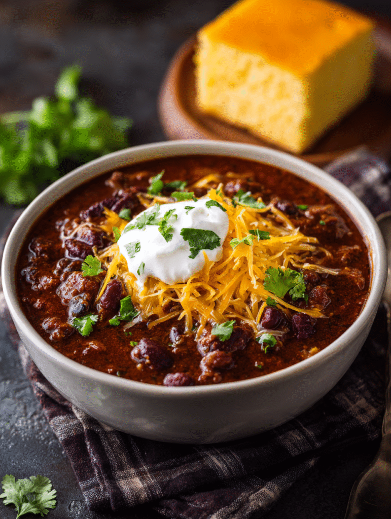 Served ground beef stovetop chili with toppings
