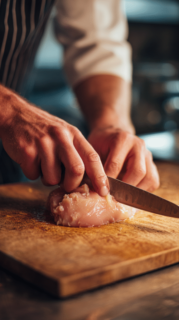 Preparing chicken breast for keto cheese stuffing