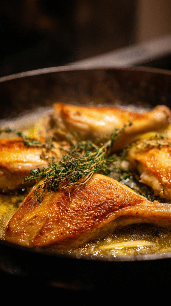 Pan-searing chicken for Pollo a la Mostaza