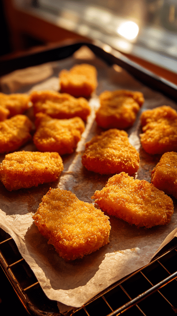 Keto chicken nuggets baking on a wire rack