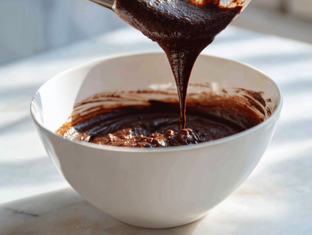 Mixing chocolate keto cupcake batter in white bowl