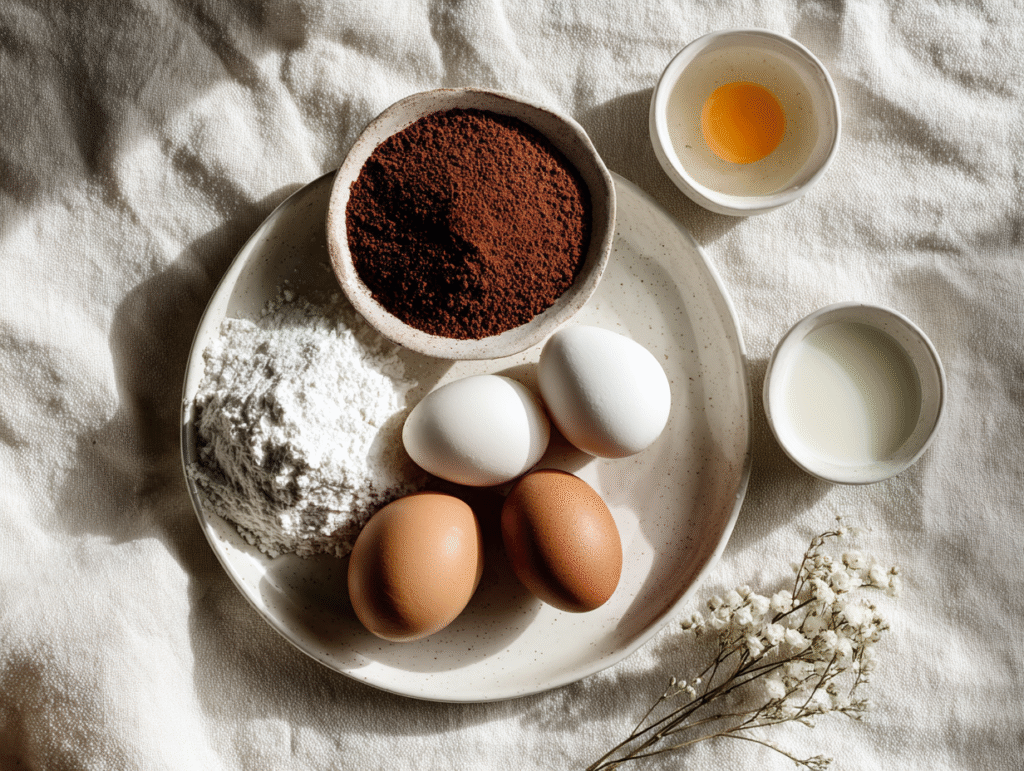 Ingredients for chocolate keto cupcakes laid out in ceramic bowls