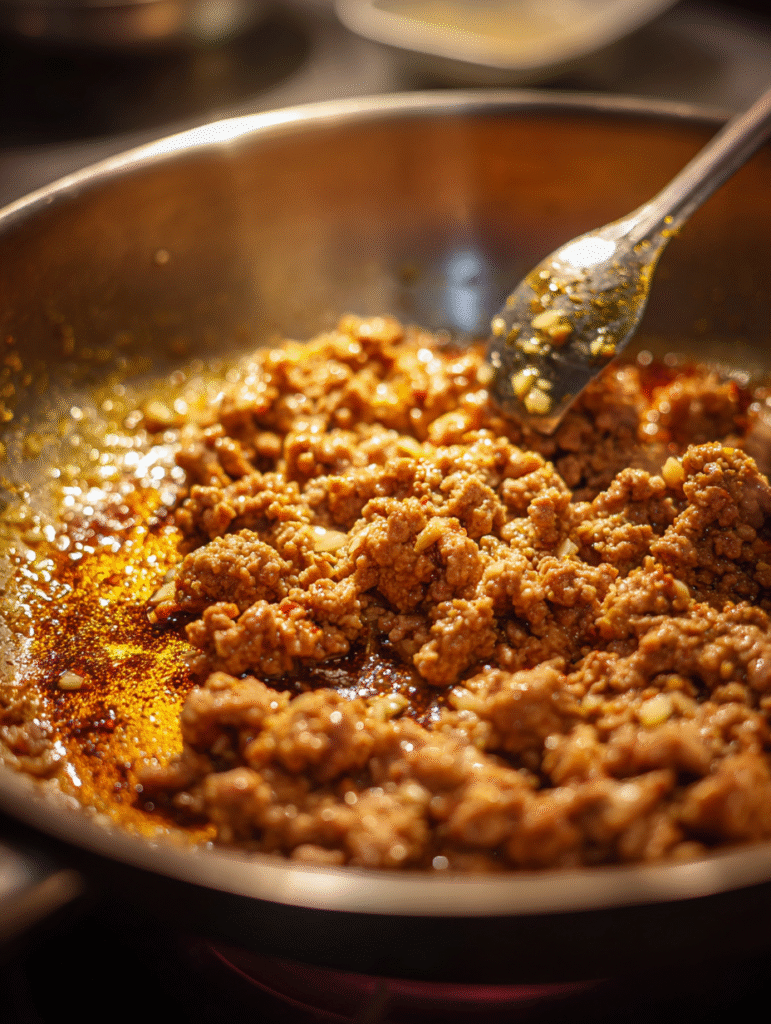 cooking protein for egg roll in a bowl
