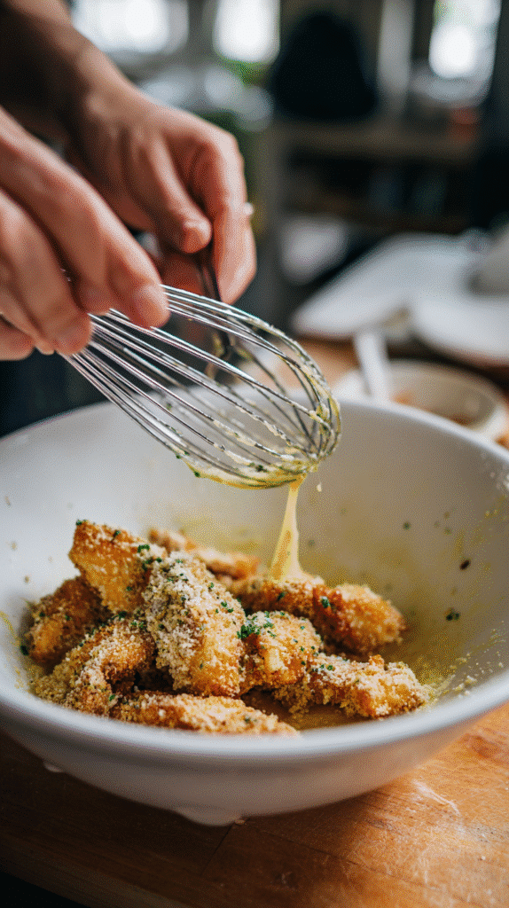 Chicken coated in almond flour and parmesan breading