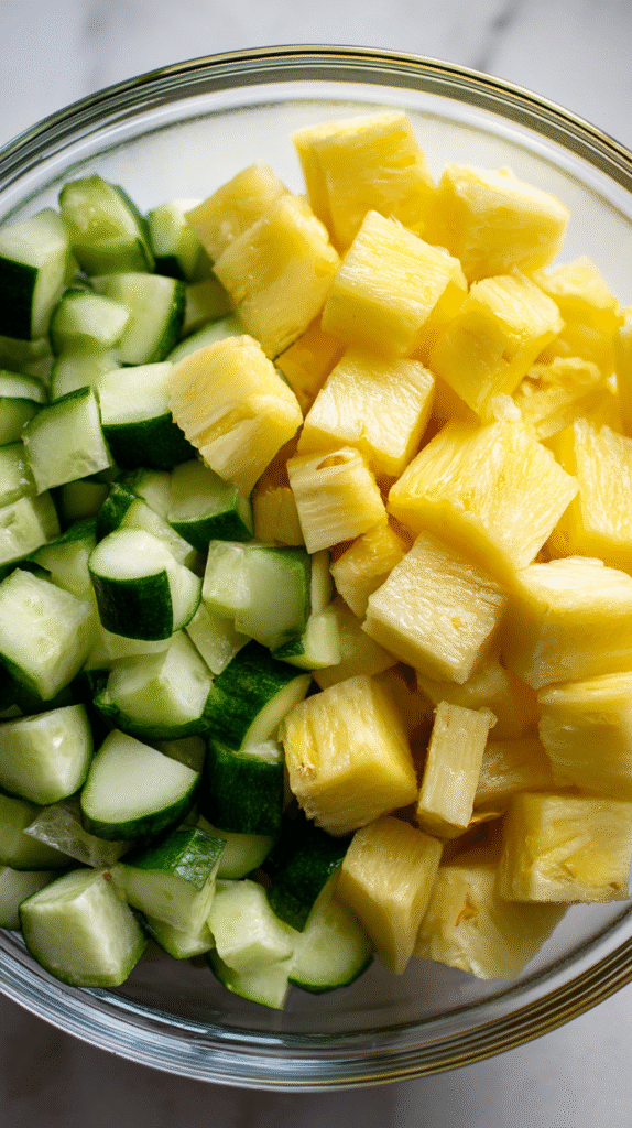 Pineapple and cucumber chopped in bowl